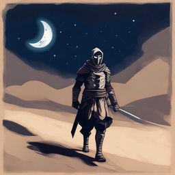 A warrior named Zorden walking through the sand, visibly hurt under a starry night sky with a crescent moon shining above