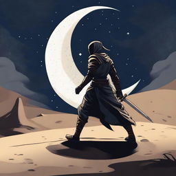 A warrior named Zorden walking through the sand, visibly hurt under a starry night sky with a crescent moon shining above