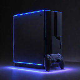 A PlayStation 5 console reconfigured in electropunk style, glowing with vibrant neon light accents, encompassed by electric-charged interfaces and energy emitting auras, without compromising its gaming prowess.