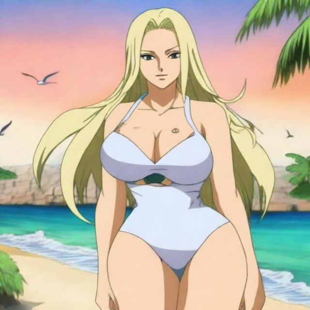Tsunade from the anime One Piece wearing a tight and provocative swimsuit