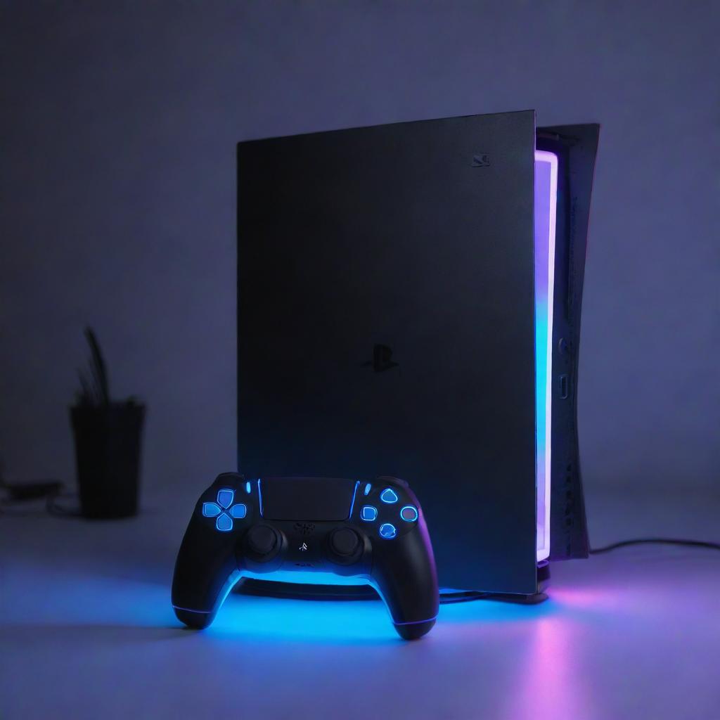 A PlayStation 5 console reconfigured in electropunk style, glowing with vibrant neon light accents, encompassed by electric-charged interfaces and energy emitting auras, without compromising its gaming prowess.