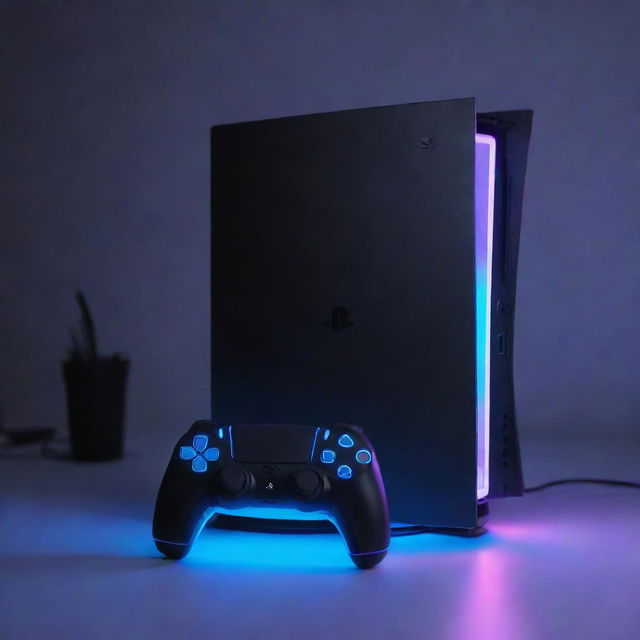 A PlayStation 5 console reconfigured in electropunk style, glowing with vibrant neon light accents, encompassed by electric-charged interfaces and energy emitting auras, without compromising its gaming prowess.