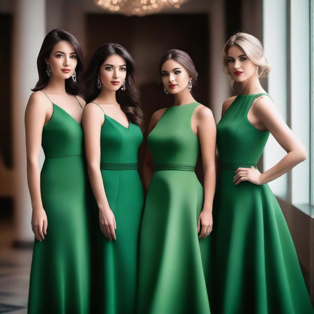 A group of attractive women wearing elegant green dresses, posing in a stylish and sophisticated manner