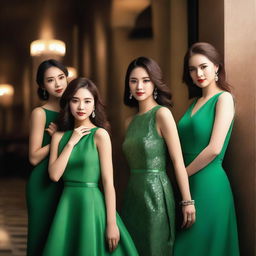 A group of attractive women wearing elegant green dresses, posing in a stylish and sophisticated manner