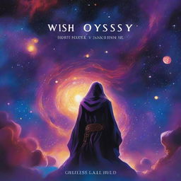 The cover of 'Wish Odyssey' features a mesmerizing cosmic landscape with swirling galaxies and vibrant nebulas, transitioning from deep purples and blues to shimmering golds