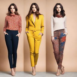 Create an image of a young woman in various fashionable outfits, set against different random backgrounds