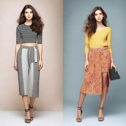 Create an image of a young woman in various fashionable outfits, set against different random backgrounds