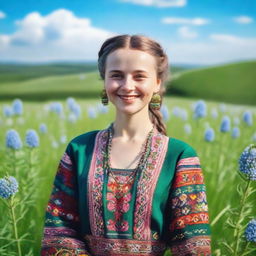 A beautiful photo of a Ukrainian girl standing in a lush green field