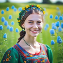 A beautiful photo of a Ukrainian girl standing in a lush green field