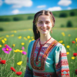 A beautiful photo of a Ukrainian girl standing in a lush green field