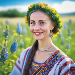 A beautiful photo of a Ukrainian girl standing in a lush green field