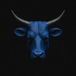 A minimalist rendering of a bull's head in deep dark blue shades, contrasted against a stark black background to highlight the design.