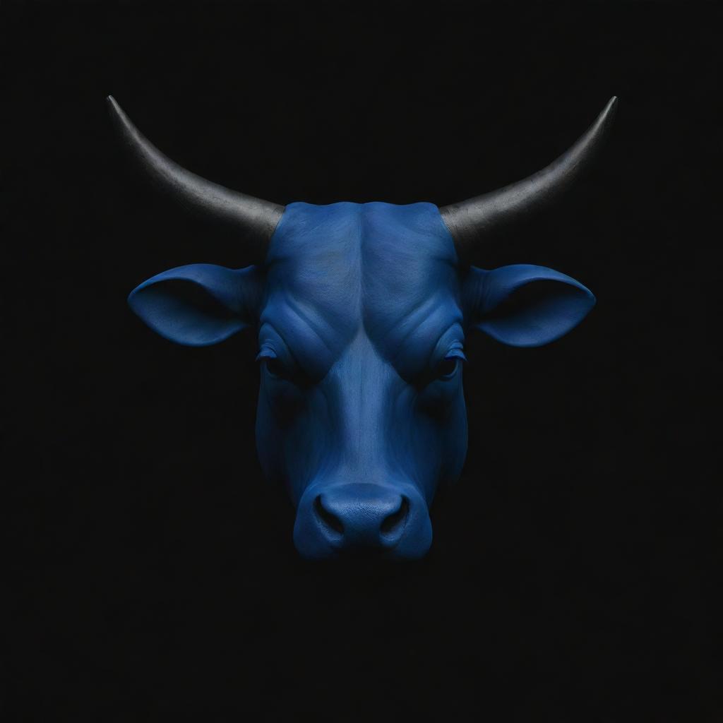 A minimalist rendering of a bull's head in deep dark blue shades, contrasted against a stark black background to highlight the design.
