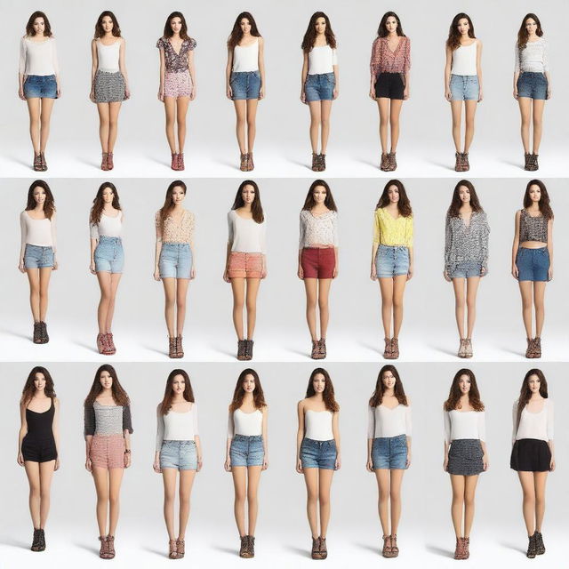 Generate 20 individual images of a young woman in various fashionable outfits, each set against different random backgrounds