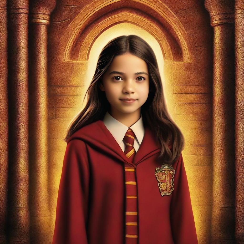 A book cover featuring a 12-year-old Olivia Rodrigo dressed in a Gryffindor uniform while she is in the Chamber of Secrets