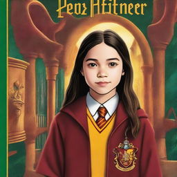 A book cover featuring a 12-year-old Olivia Rodrigo dressed in a Gryffindor uniform while she is in the Chamber of Secrets