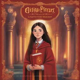 A book cover featuring the famous Olivia Rodrigo, around 12 years old, dressed in a Gryffindor uniform while she is in the Chamber of Secrets