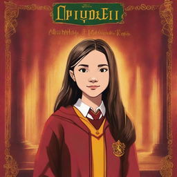 A book cover featuring the famous Olivia Rodrigo, around 12 years old, dressed in a Gryffindor uniform while she is in the Chamber of Secrets