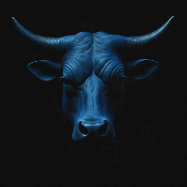 A minimalist rendering of a bull's head in deep dark blue shades, contrasted against a stark black background to highlight the design.