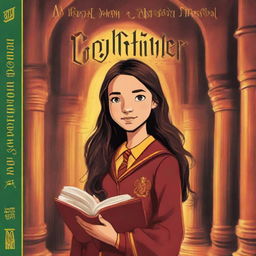 A book cover featuring the famous Olivia Rodrigo, around 12 years old, dressed in a Gryffindor uniform while she is in the Chamber of Secrets