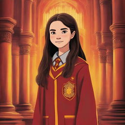 A book cover featuring the famous Olivia Rodrigo, around 12 years old, dressed in a Gryffindor uniform while she is in the Chamber of Secrets