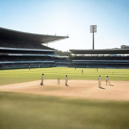 A detailed image of a cricket match taking place in a large stadium filled with cheering fans