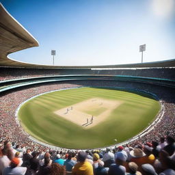 A detailed image of a cricket match taking place in a large stadium filled with cheering fans