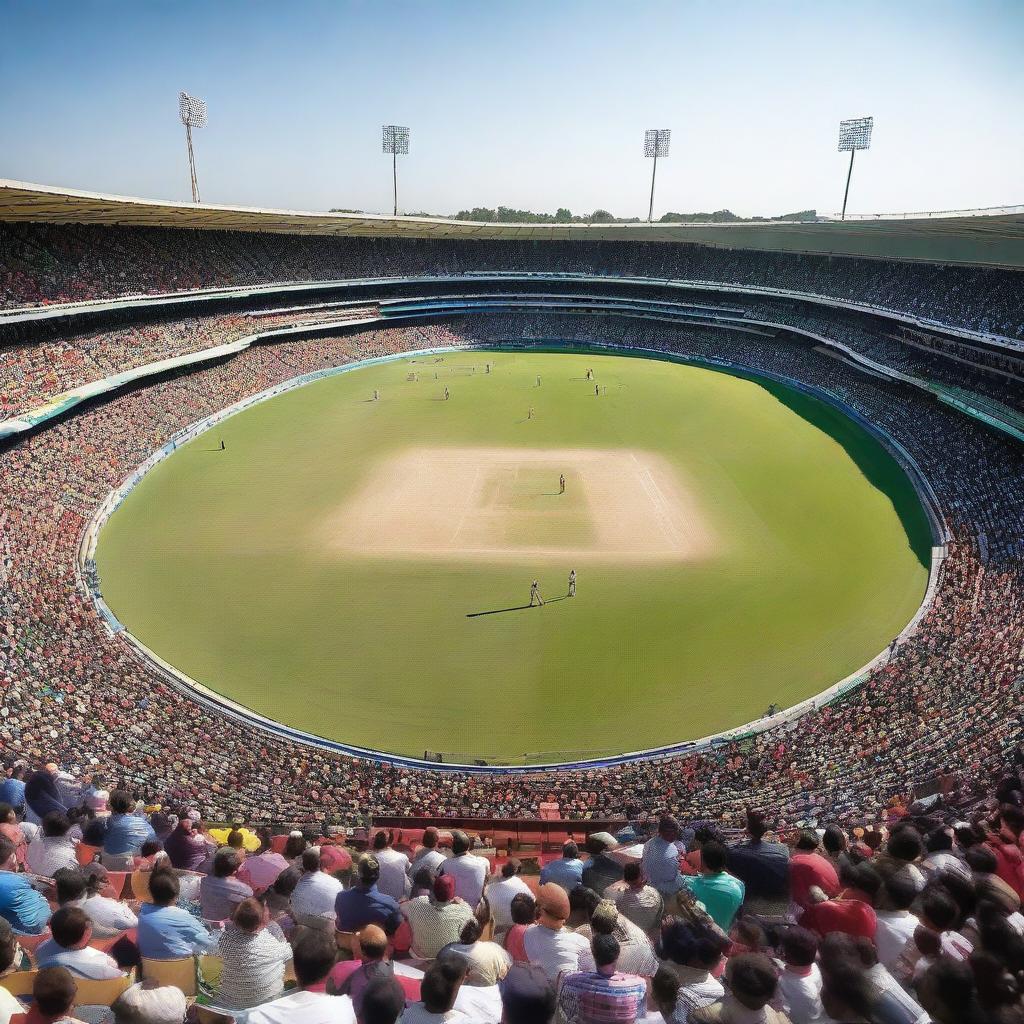 A detailed image of a cricket match taking place in a large stadium filled with cheering fans