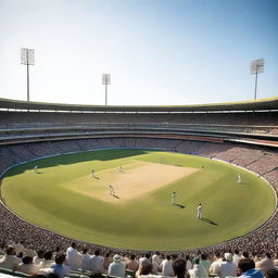 A detailed image of a cricket match taking place in a large stadium filled with cheering fans