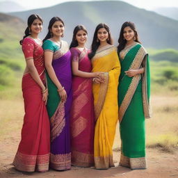 A group of Indian girls wearing traditional sarees, standing together in a picturesque outdoor setting