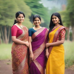 A group of Indian girls wearing traditional sarees, standing together in a picturesque outdoor setting