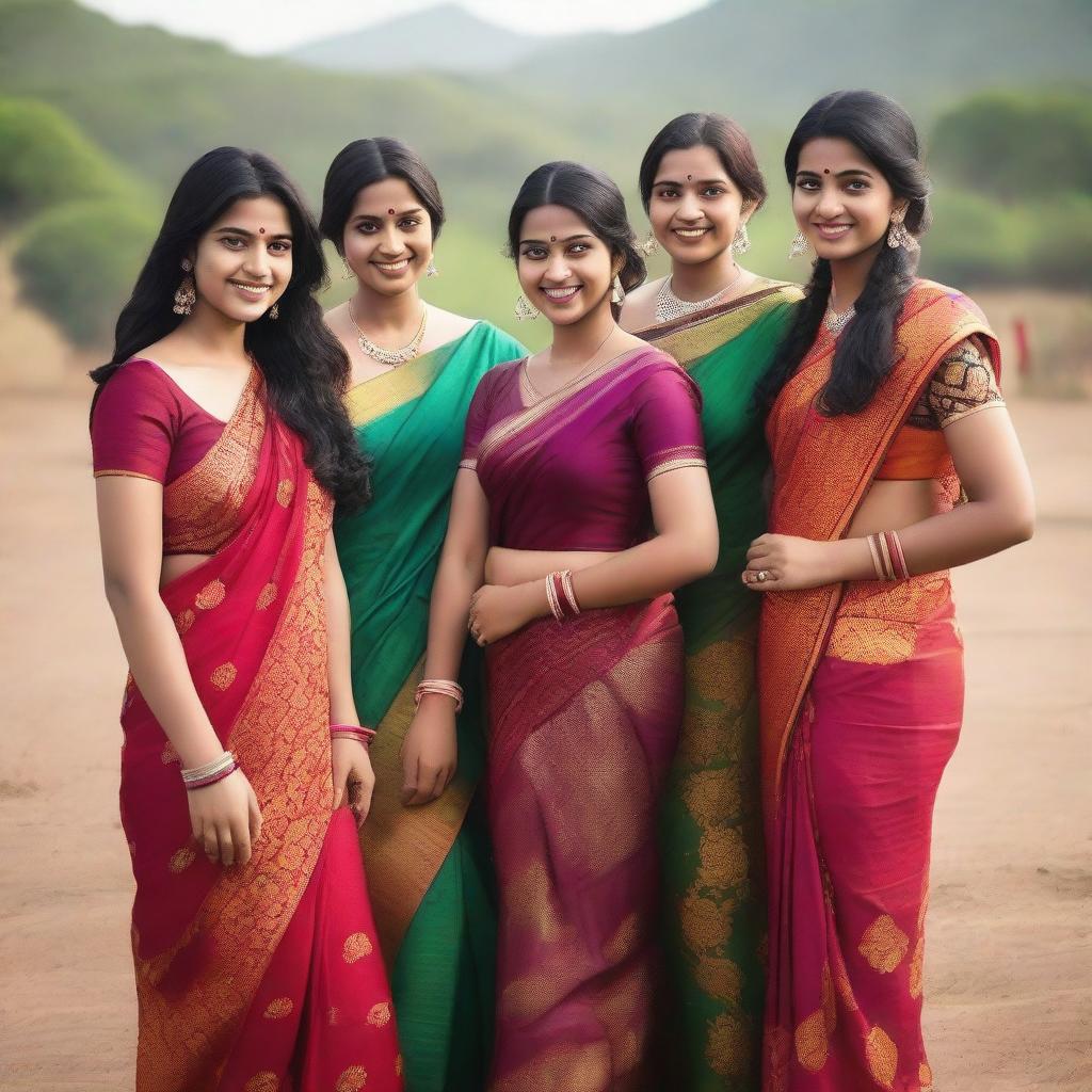 A group of Indian girls wearing traditional sarees, standing together in a picturesque outdoor setting