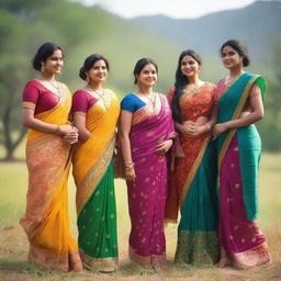 A group of Indian girls wearing traditional sarees, standing together in a picturesque outdoor setting