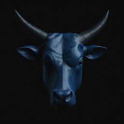 A minimalist rendering of a bull's head in deep dark blue shades, contrasted against a stark black background to highlight the design.