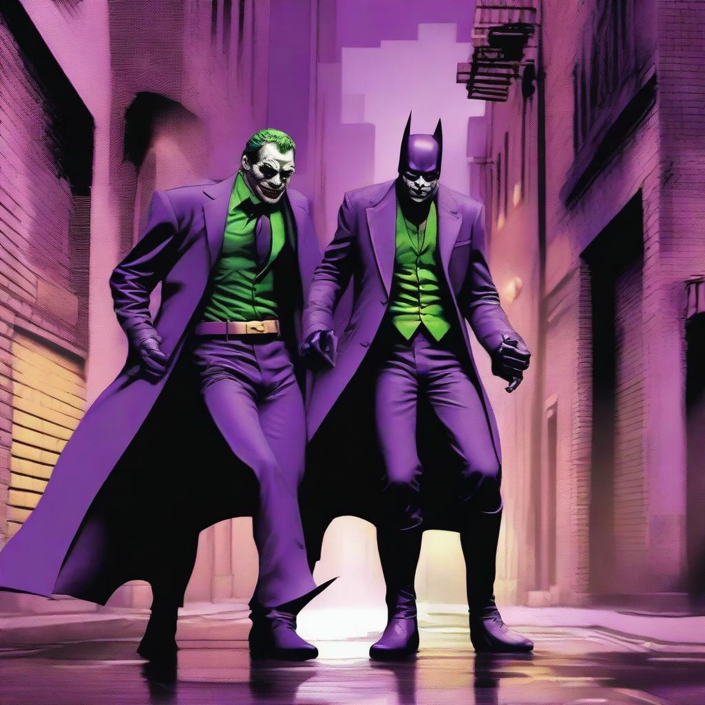 A detailed and dynamic scene featuring Batman and the Joker in an intense standoff