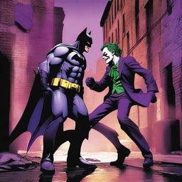 A detailed and dynamic scene featuring Batman and the Joker in an intense standoff