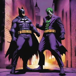 A detailed and dynamic scene featuring Batman and the Joker in an intense standoff