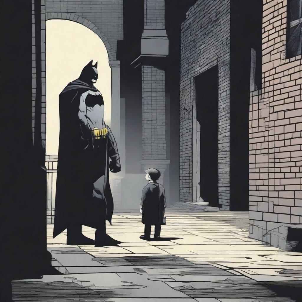 A detailed scene depicting the origins of Batman, showing young Bruce Wayne witnessing the tragic event of his parents' murder in a dark alley, leading to his transformation into the Dark Knight