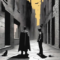 A detailed scene depicting the origins of Batman, showing young Bruce Wayne witnessing the tragic event of his parents' murder in a dark alley, leading to his transformation into the Dark Knight