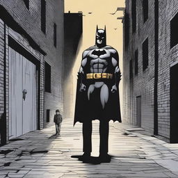 A detailed scene depicting the origins of Batman, showing young Bruce Wayne witnessing the tragic event of his parents' murder in a dark alley, leading to his transformation into the Dark Knight