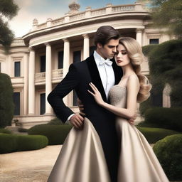 Create a book cover with a luxurious mansion in the background, featuring grand architecture