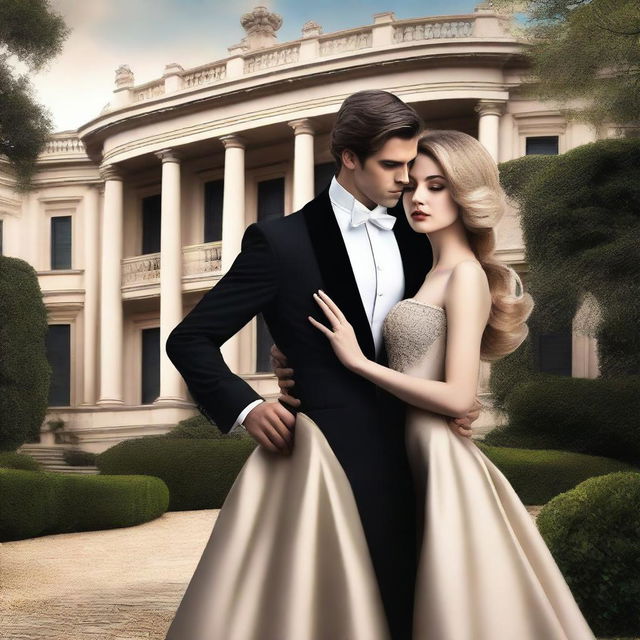 Create a book cover with a luxurious mansion in the background, featuring grand architecture