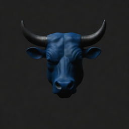 A minimalist rendering of a bull's head in deep dark blue shades, contrasted against a stark black background to highlight the design.