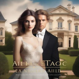 Create a book cover with a luxurious mansion in the background, featuring grand architecture