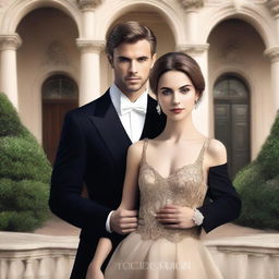 Create a book cover with a luxurious mansion in the background, featuring grand architecture