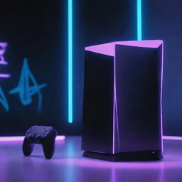 A PlayStation 5 console reincarnated in a cyberpunk vision, bathed in neon lights, integrated holographic displays, sleek high-tech materials, all the while preserving its gaming potential.