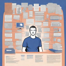 A detailed illustration showcasing the journey of Mark Zuckerberg from his university days to becoming the CEO of Facebook (now Meta)