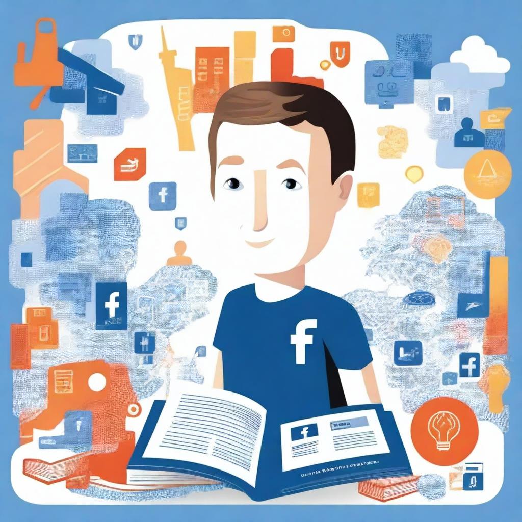 A book cover illustration featuring Mark Zuckerberg with a backdrop of Facebook (Meta) logos and social media icons