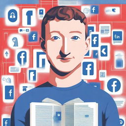 A book cover illustration featuring Mark Zuckerberg with a backdrop of Facebook (Meta) logos and social media icons