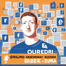 A book cover illustration featuring Mark Zuckerberg with a backdrop of Facebook (Meta) logos and social media icons